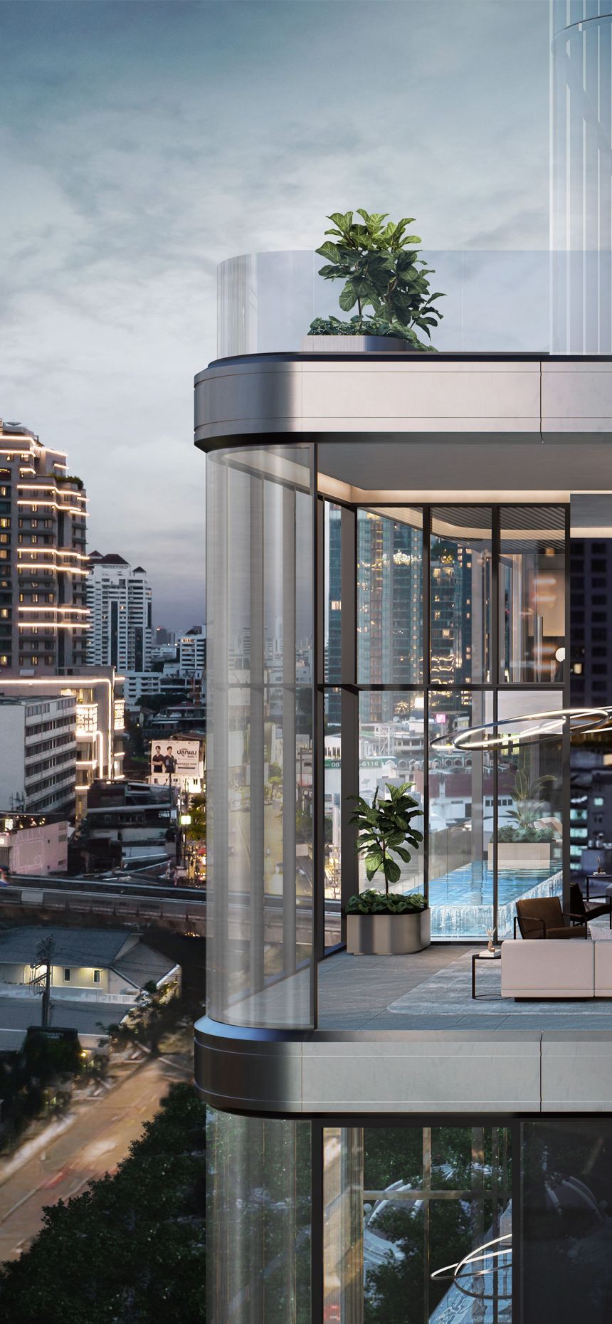 Modern high-rise building with exposed luxurious interiors and a city skyline at dusk.
