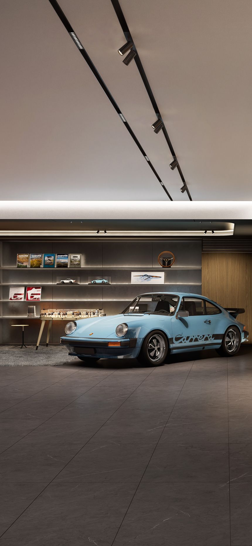 A luxurious garage displaying a light blue vintage sports car and a white modern motorcycle.