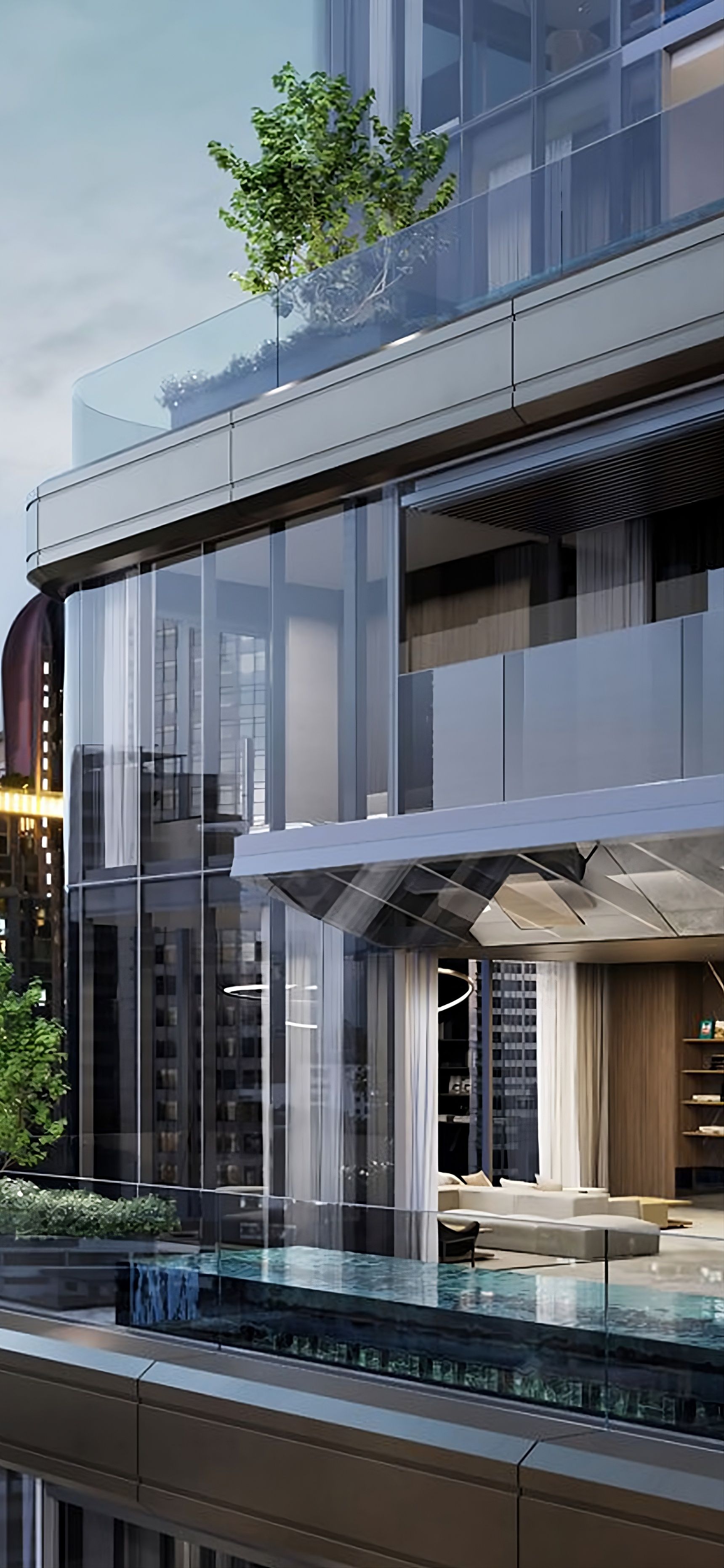 Modern luxury high-rise with glass facade, balcony pool, and city skyline view.