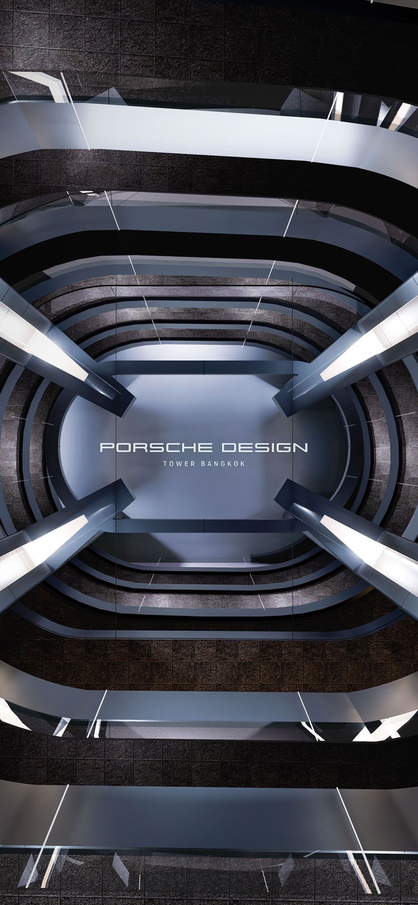 Looking up through a futuristic, multi-story atrium with angular steel beams.