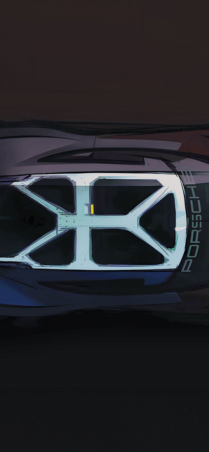 Top-down view of a dark Porsche sports car with visible engine detail and rear spoiler.