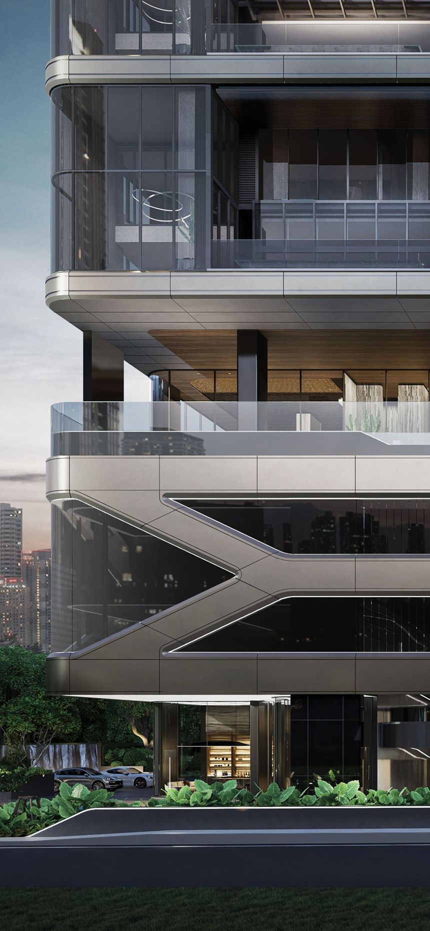 Sleek modern building facade with glass and metallic accents, featuring prominent X-shaped design.